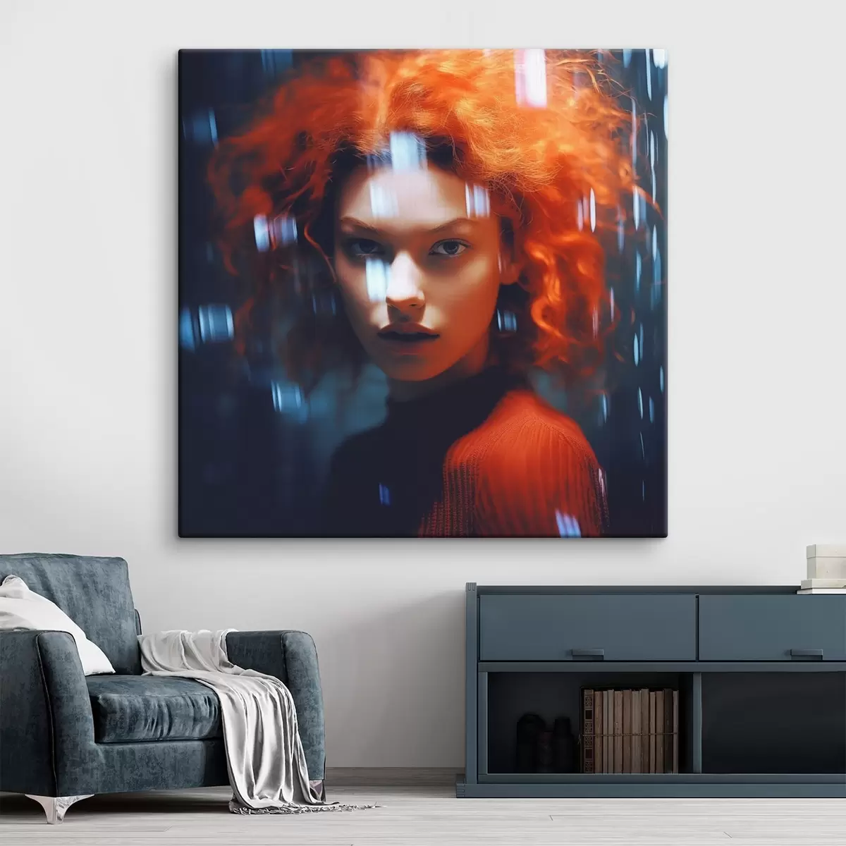 Obraz Dziewczyna z rudymi włosami na ciemnoniebieskim tle s41934