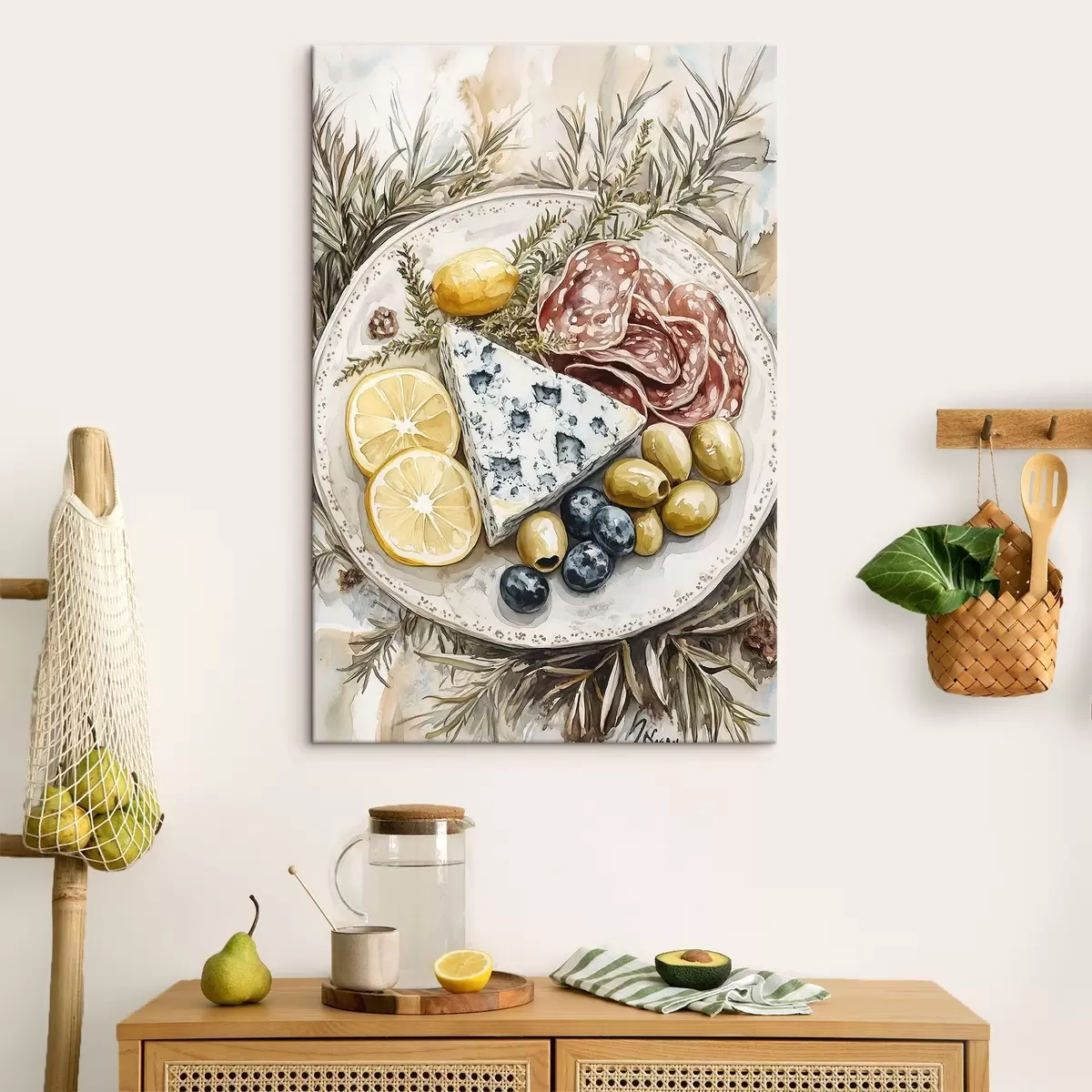 Obraz Talerz w stylu akwareli z pysznym jedzeniem, świąteczny, ser pleśniowy, salami, oliwki, cytryna, sosna s41961