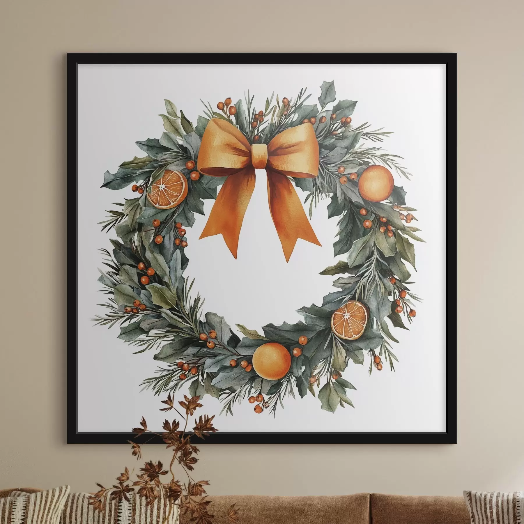 Fototapeta Piękny świąteczny wieniec z sosną, pomarańczami, jagodami i kokardą f41955