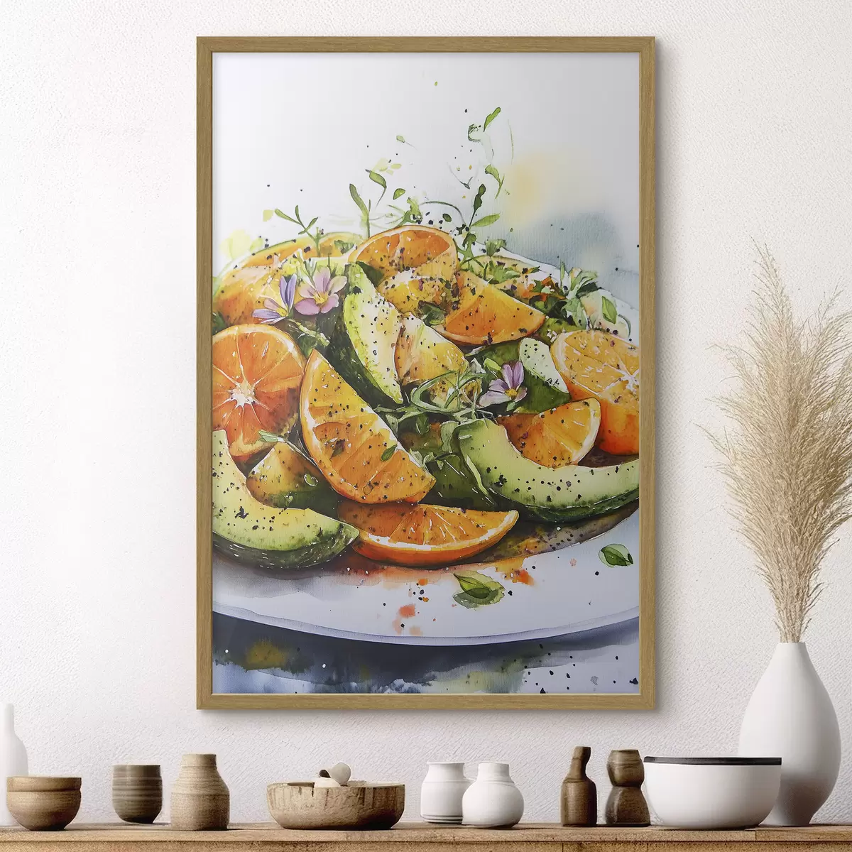 Plakat Sałatka w stylu akwareli z dynią, pomarańczami i awokado f41957