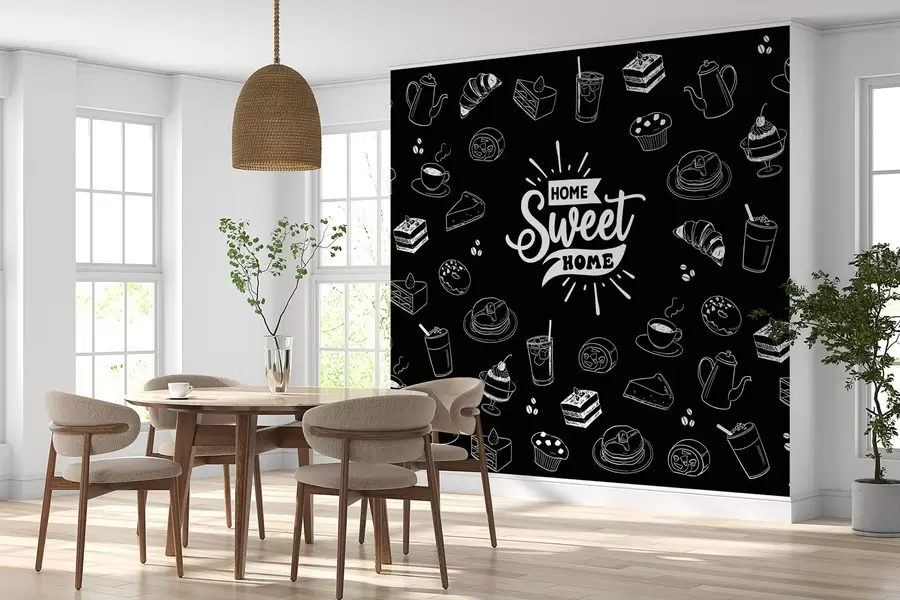 Fototapeta czarna tapeta do kuchni z białymi wzorami w02349