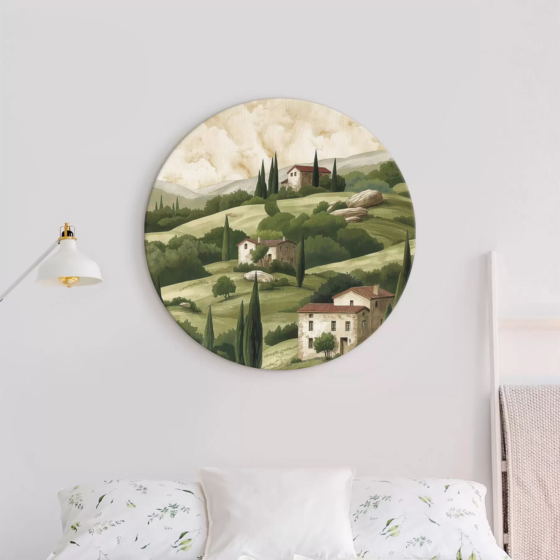 Fototapeta Krajobraz ze starymi domami, pastelowe zielone kolory, rysunek akrylowy, rustykalny r40080