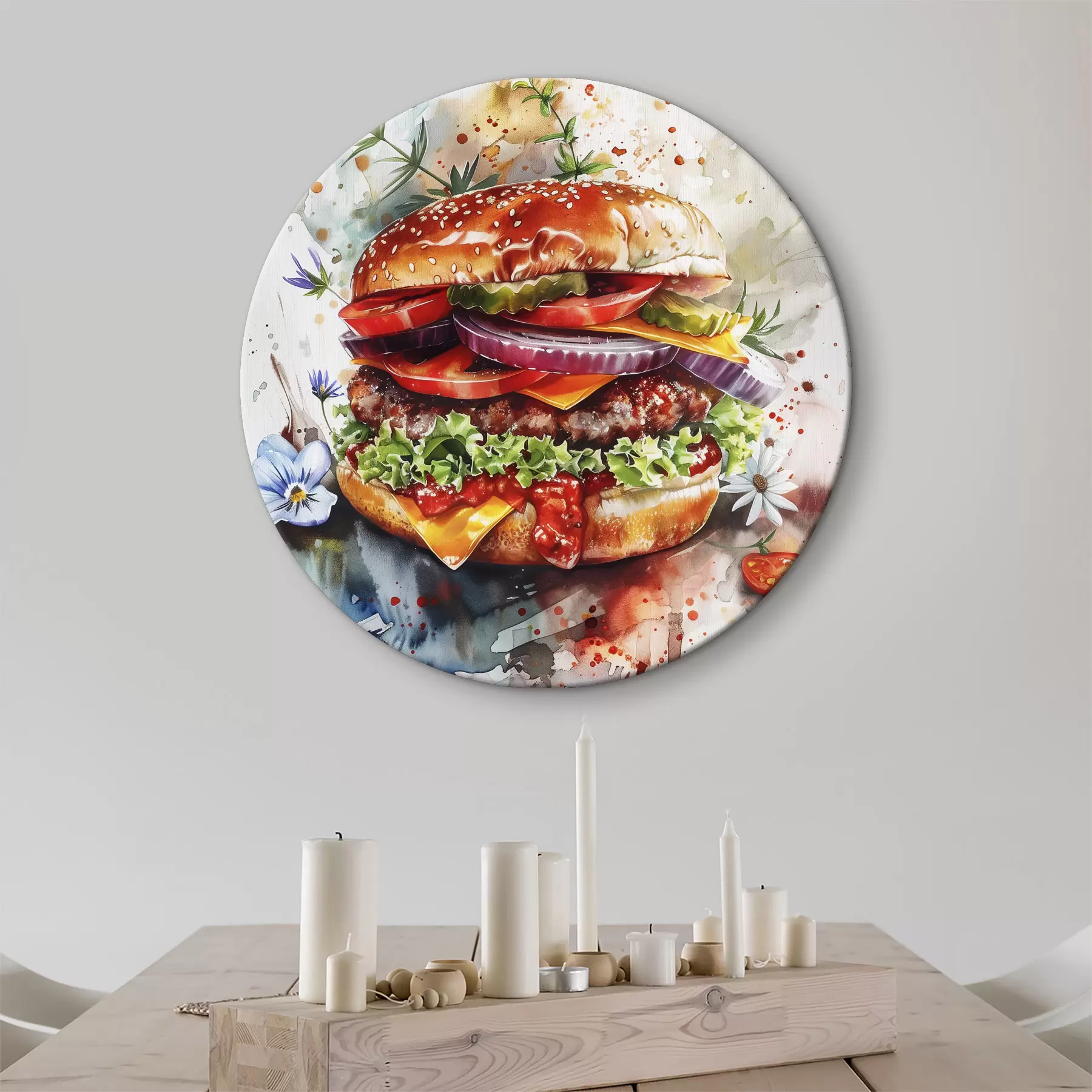 Obraz Smaczny burger z mięsem, kwiatami, akwarelą, sztuką kulinarną r39699