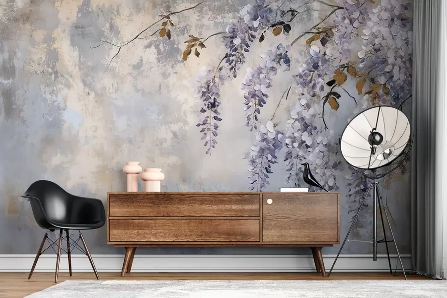 Fototapeta teksturowana tapeta w miękkich, stonowanych kolorach z delikatnymi kwiatami i gałązkami wisterii. w02451