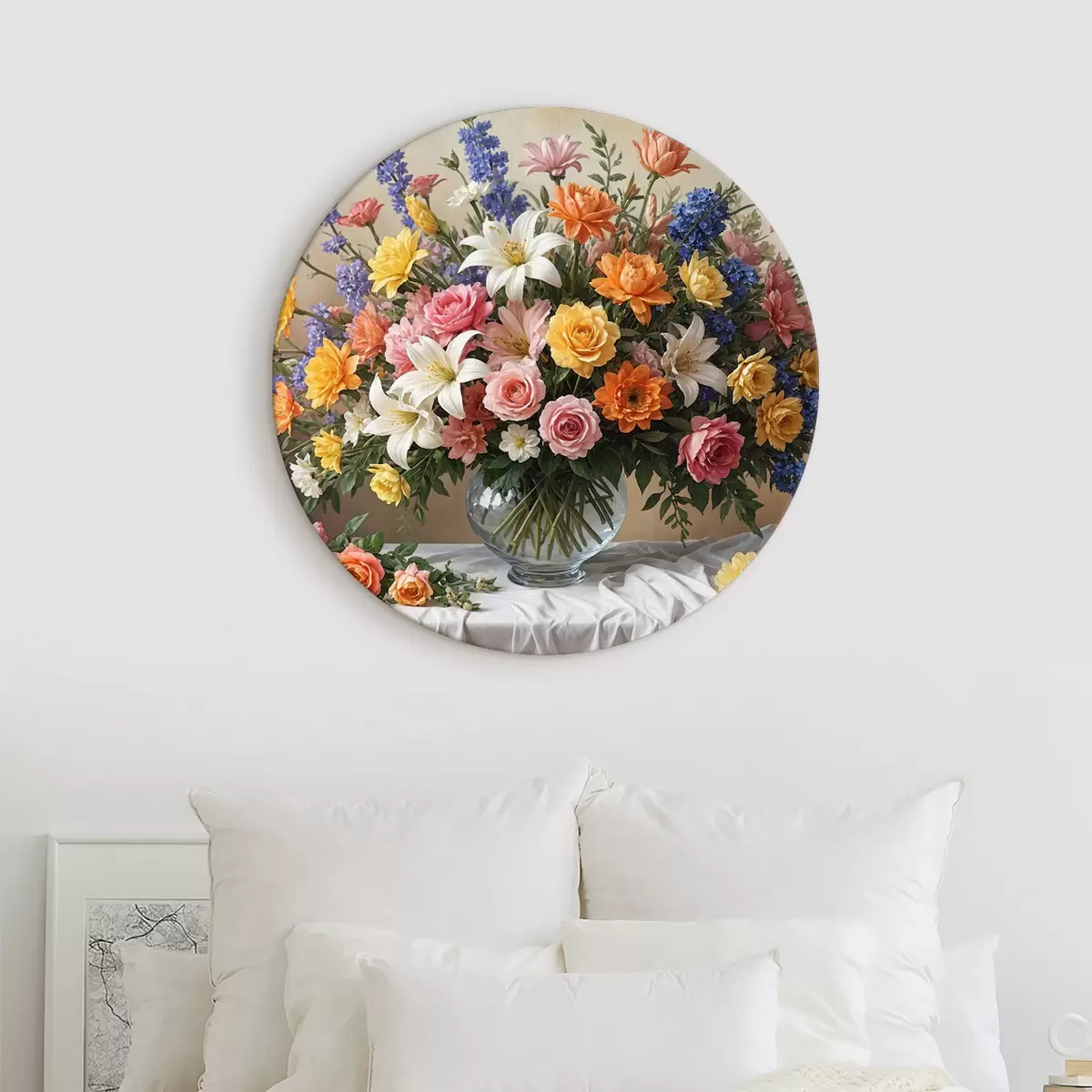 Okrągłe obrazy Żywy bukiet różnych kolorowych kwiatów w szklanym wazonie na białym obrusie w stylu vintage r38825