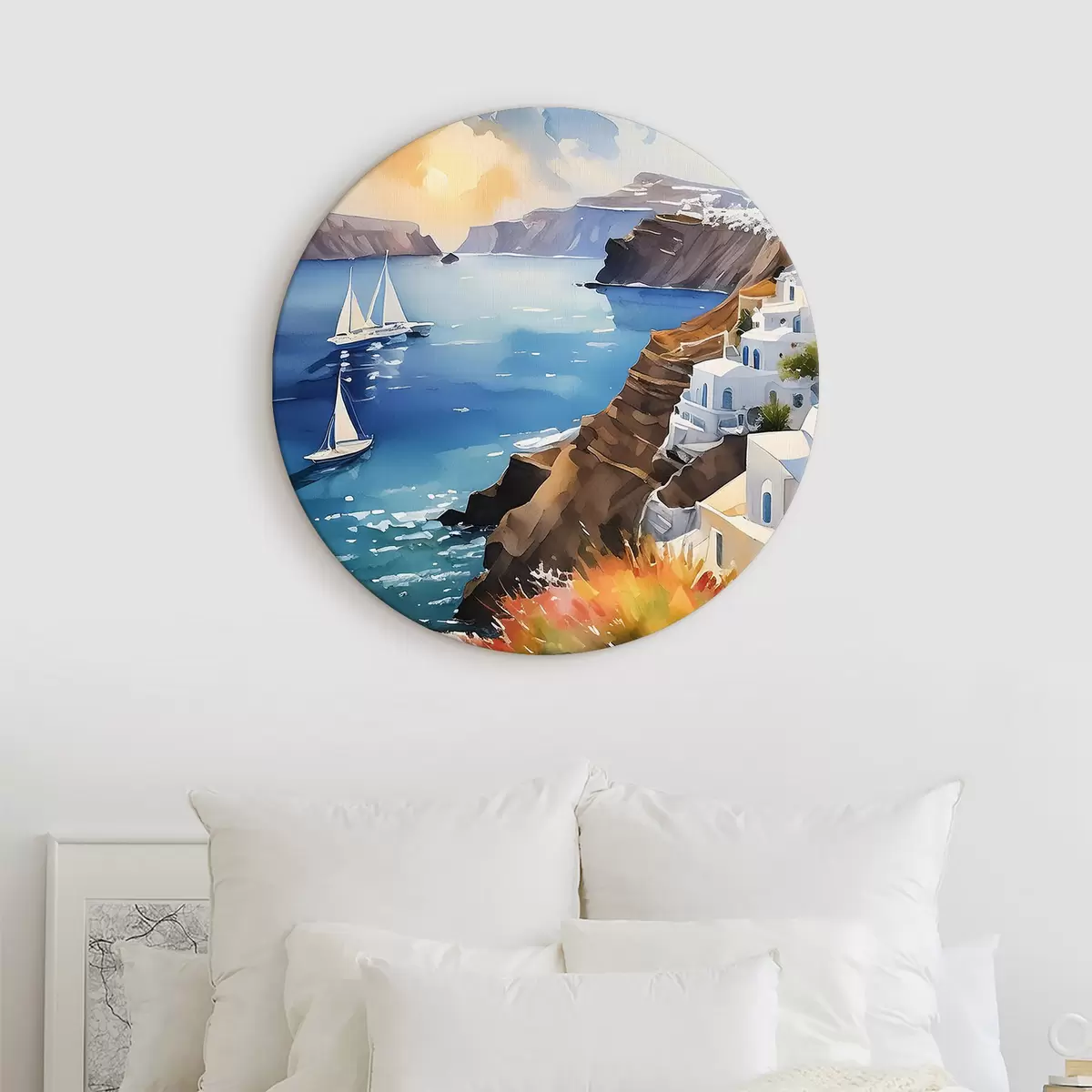 Okrągłe obrazy piękne miasto Santorini nad morzem r39303