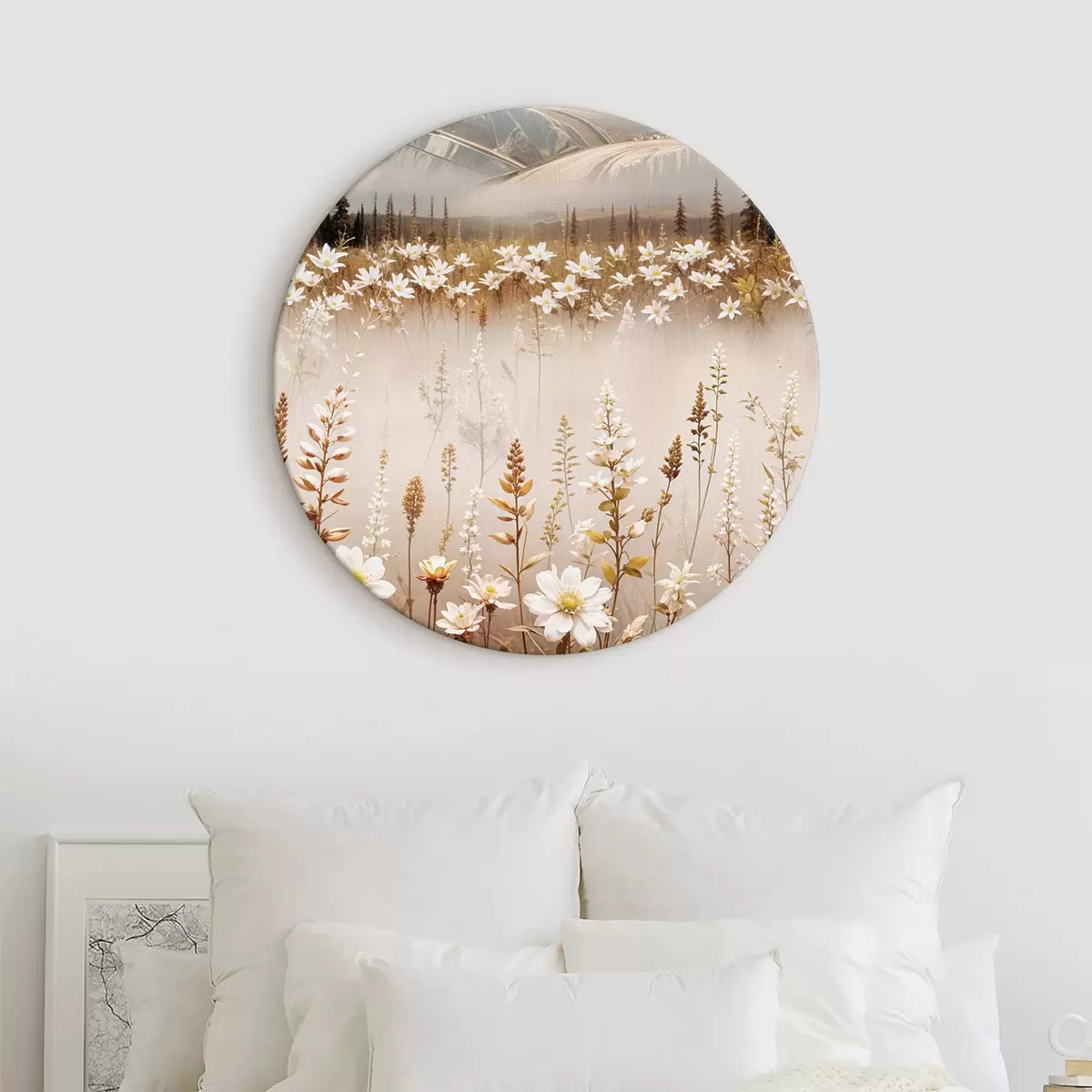 Okrągłe obrazy Pole białych i żółtych kwiatów z górzystym krajobrazem r39503