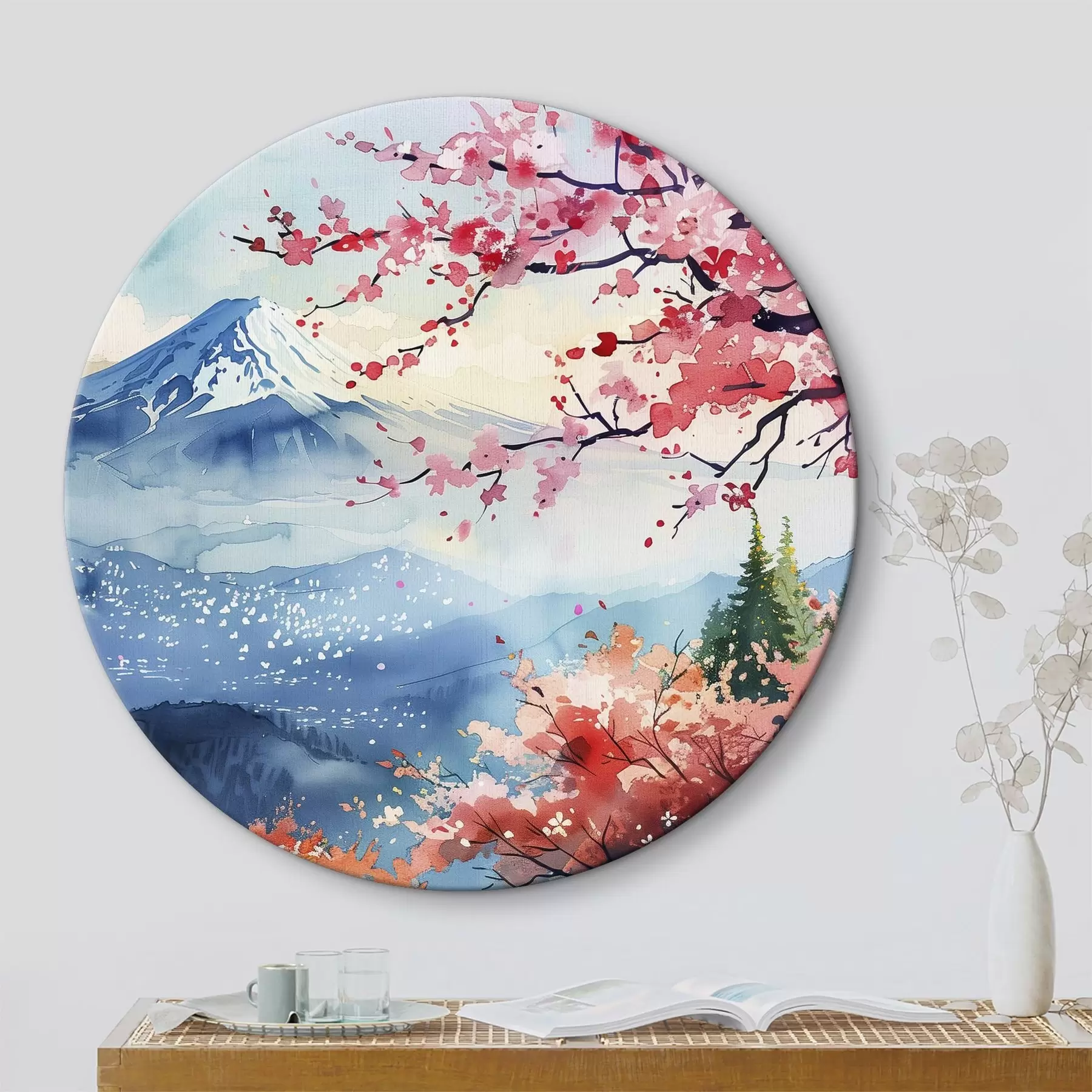 Obraz Górski krajobraz Fuji, orientalna przyroda, wiśnie, zachód słońca r39775
