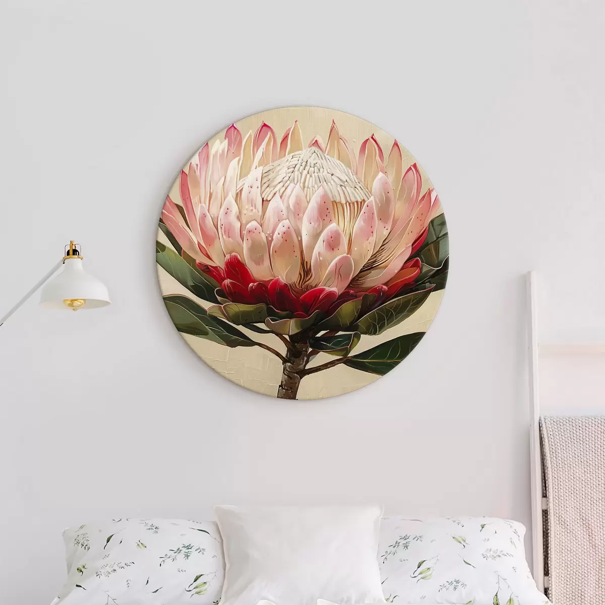Okrągłe obrazy Kwiat Protea, rysunek akrylowy, kwiatowe, miękkie naturalne kolory r39780