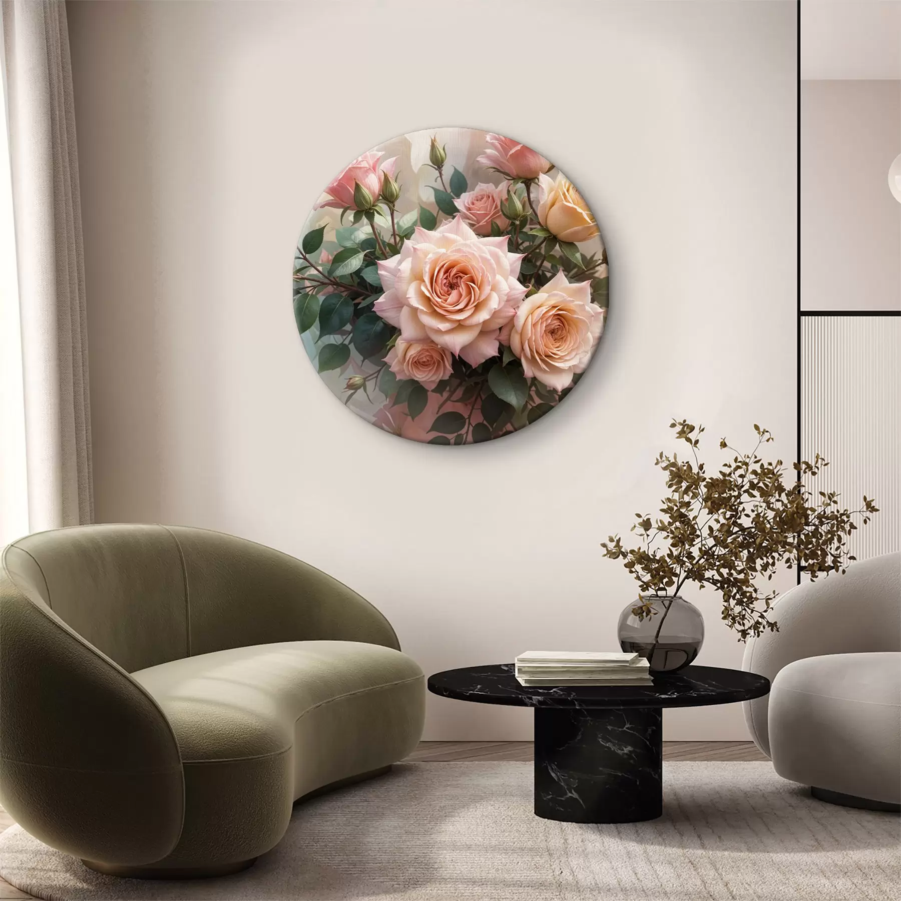 Obraz Bukiet pięknych różowych róż z zielonymi liśćmi na delikatnym, rozmytym tle r40168