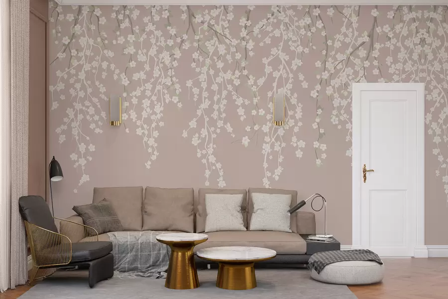 Fototapeta Przepływające delikatne gałęzie z kwiatami na pastelowym tle w02479v2