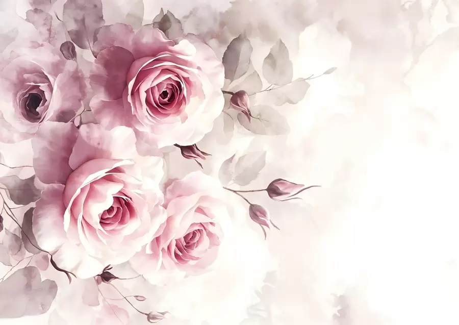 Fototapeta Delikatne pastelowe różowe róże i liście z miękkim, rozmytym tłem imitującym akwarelę w08459