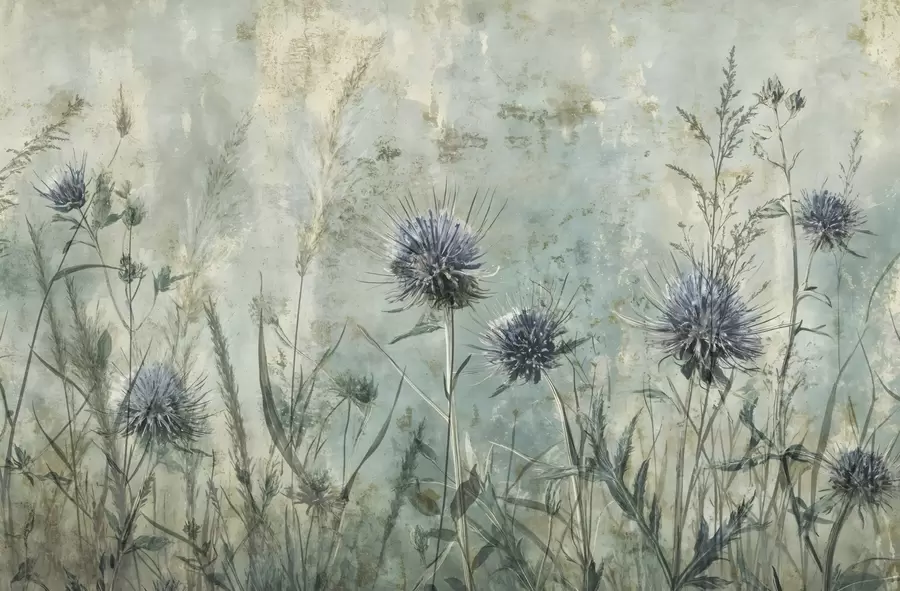 Fototapeta Pole fioletowych kwiatów ostu z rozmytymi kwiatami i liśćmi na teksturowym tle w stylu vintage w08463