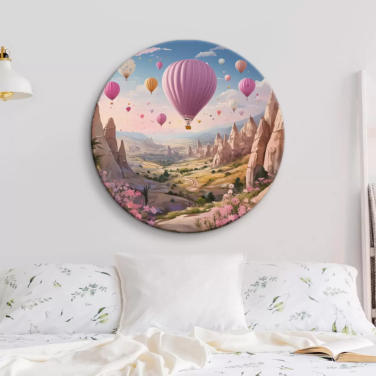 Okrągłe obrazy balony w górach nad kwiatami r38656
