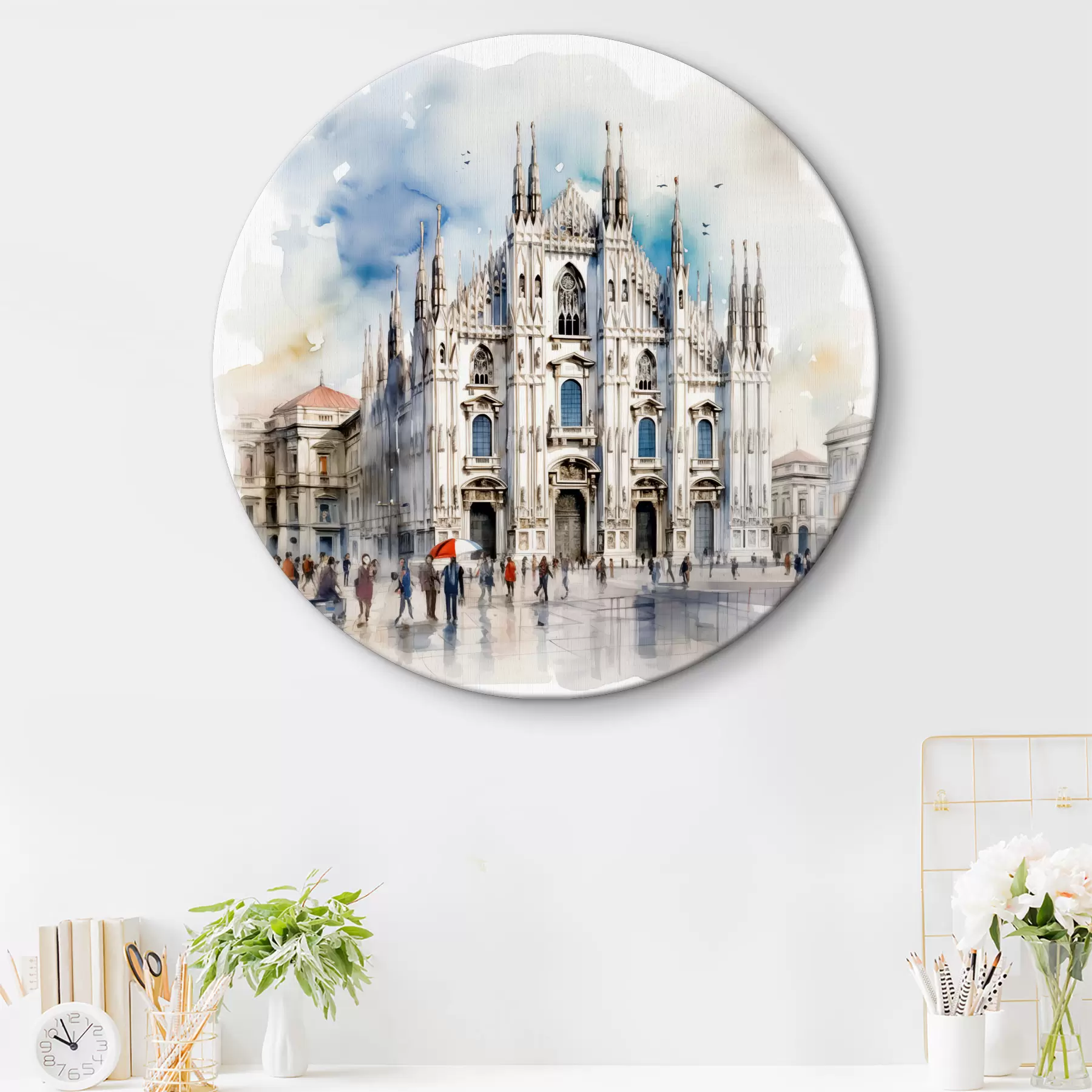 Obraz Katedra Duomo w Mediolanie, architektura, miasto, deszcz, akwarela, niebieski, szary, ludzie chodzą r38938