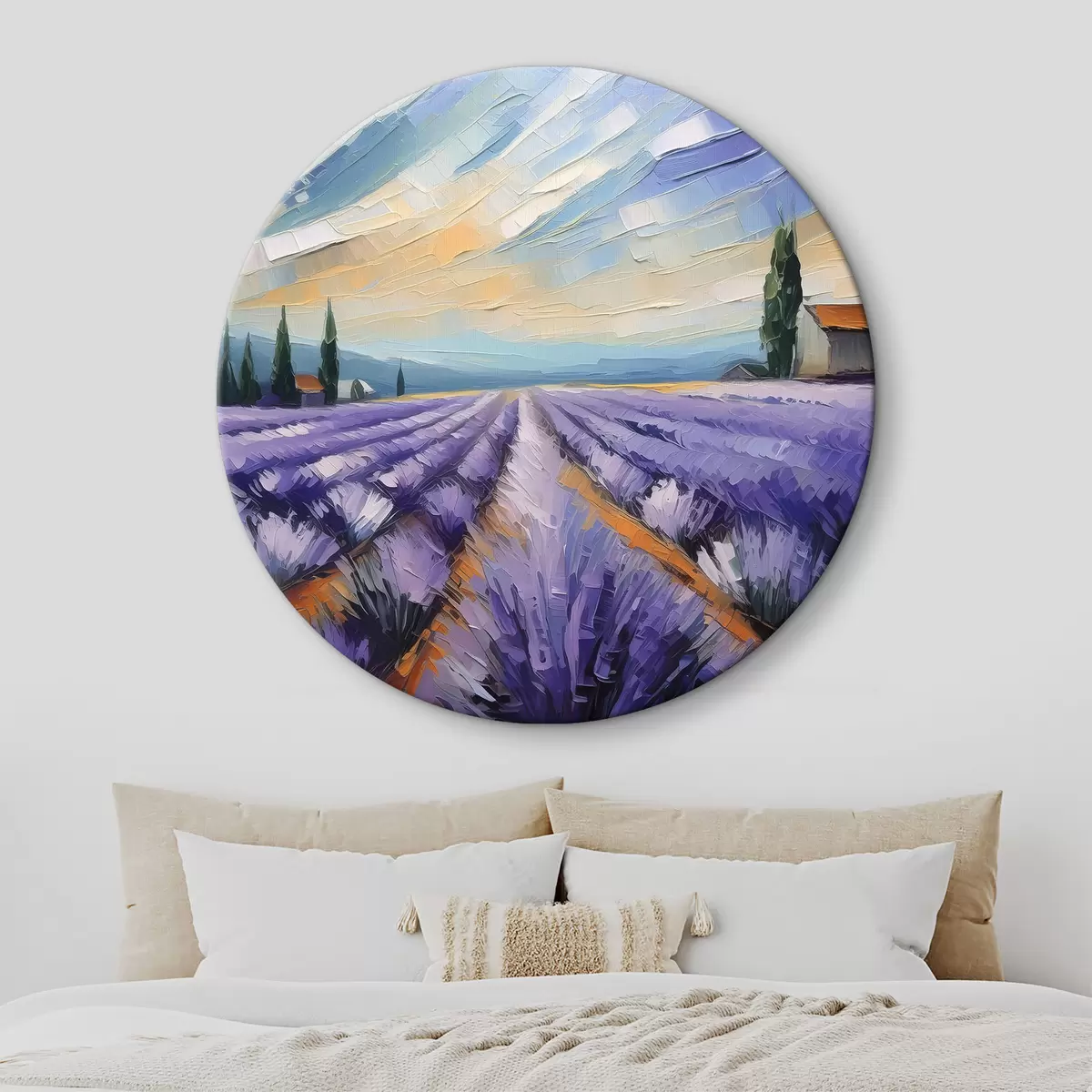 Okrągłe obrazy Pole lawendy, letnie krajobrazy, fioletowe kwiaty, obraz olejny, piękne niebo r39414