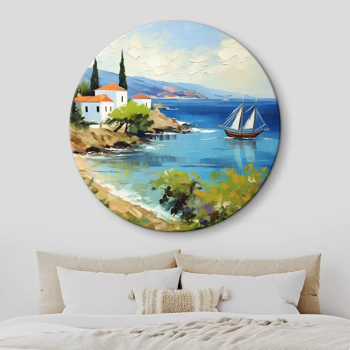 Okrągłe obrazy Wybrzeże Morza Śródziemnego, błękitna woda, jacht, białe domy, góry, lato r39424