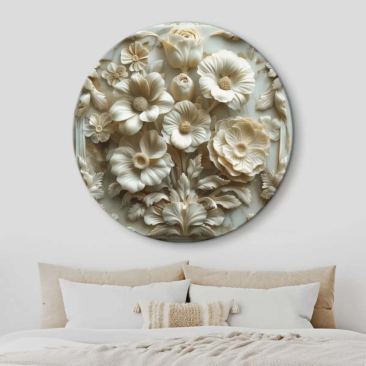 Okrągłe obrazy płaskorzeźba 3d białe kwiaty na marmurowym tle z ramką r39739