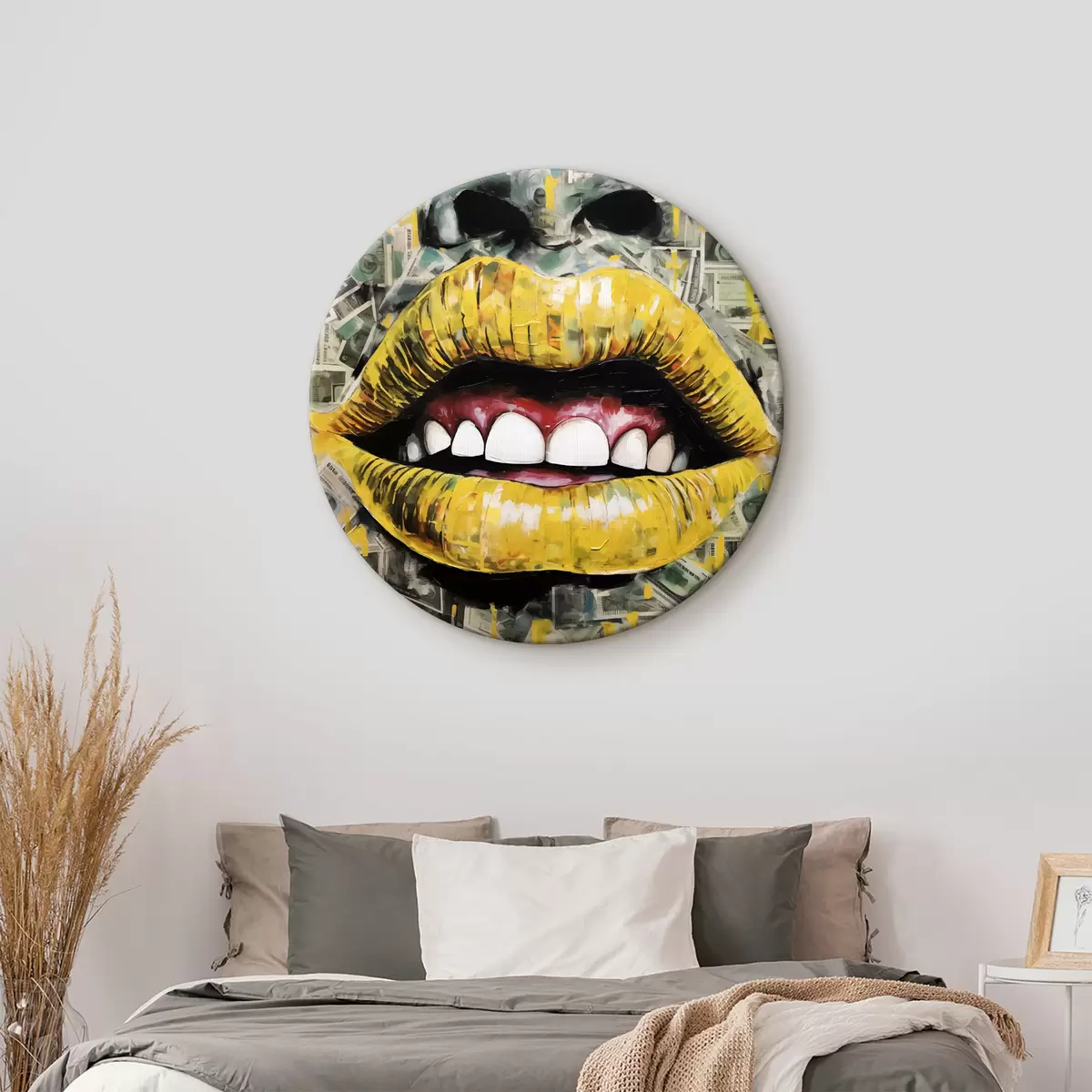Okrągłe obrazy Żółte usta, białe zęby, twarz w banknotach imitująca malarstwo olejne r40098
