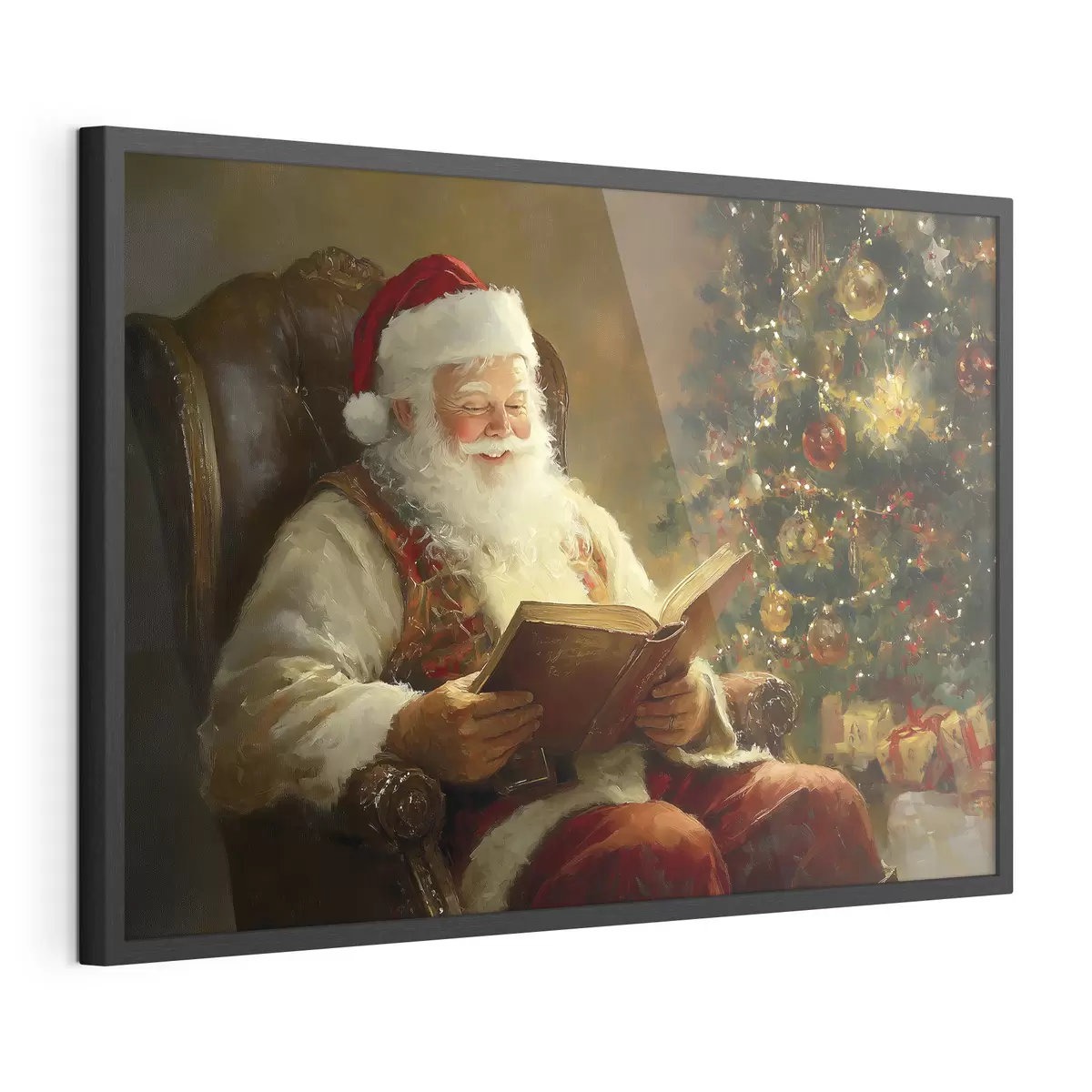 Plakat Święty Mikołaj czyta książkę w pobliżu choinki f42100