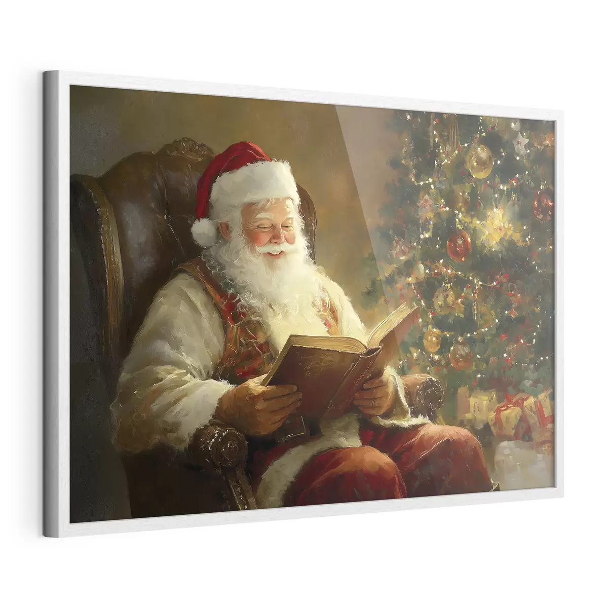 Plakat Święty Mikołaj czyta książkę w pobliżu choinki f42100