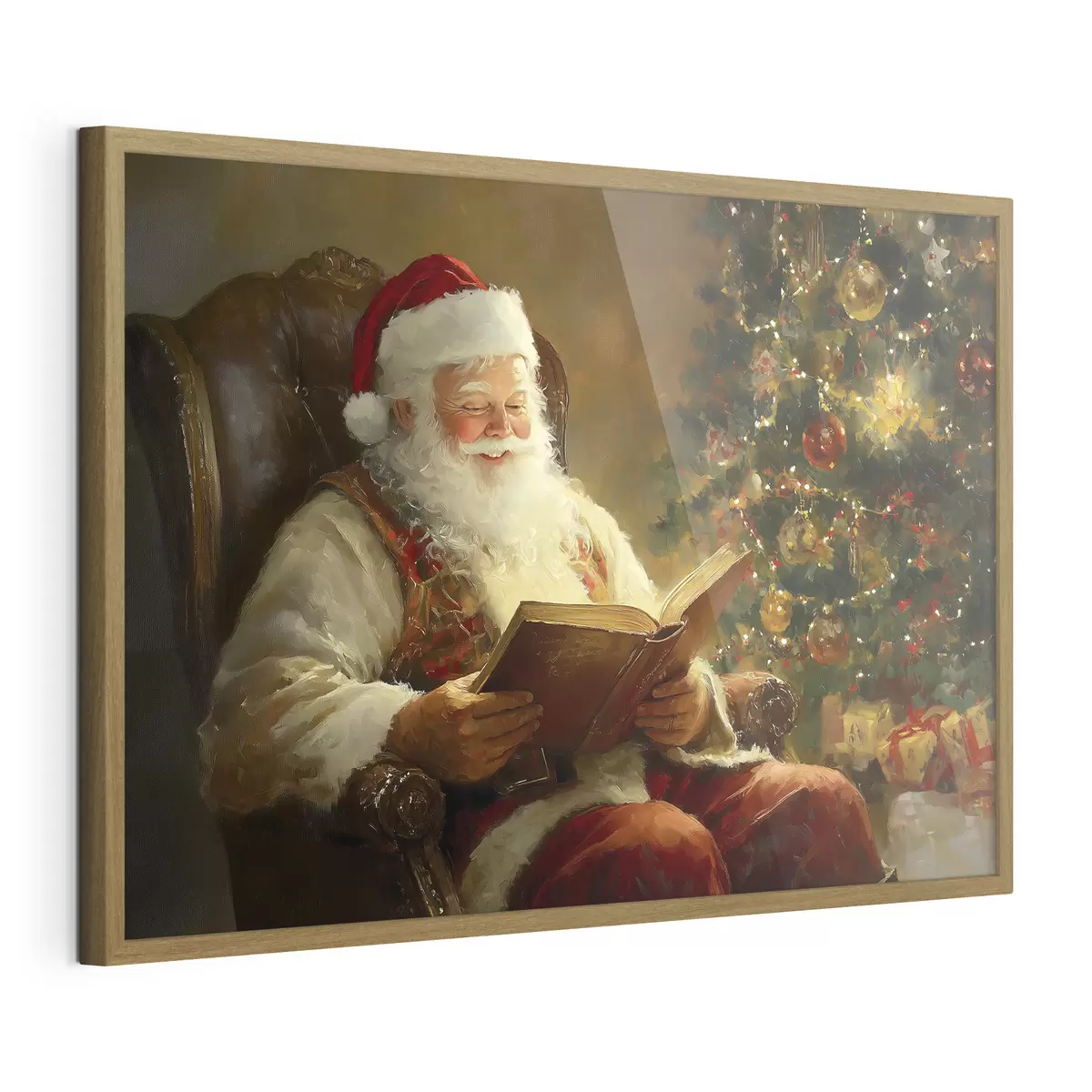Plakat Święty Mikołaj czyta książkę w pobliżu choinki f42100