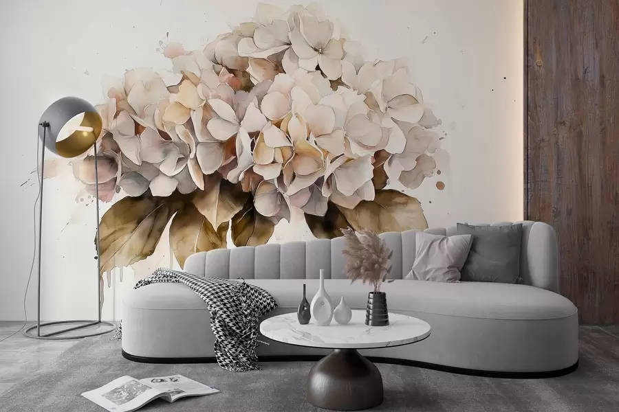 Fototapeta Akwarelowy rysunek kwiatu hortensji, beżowe kolory w02485