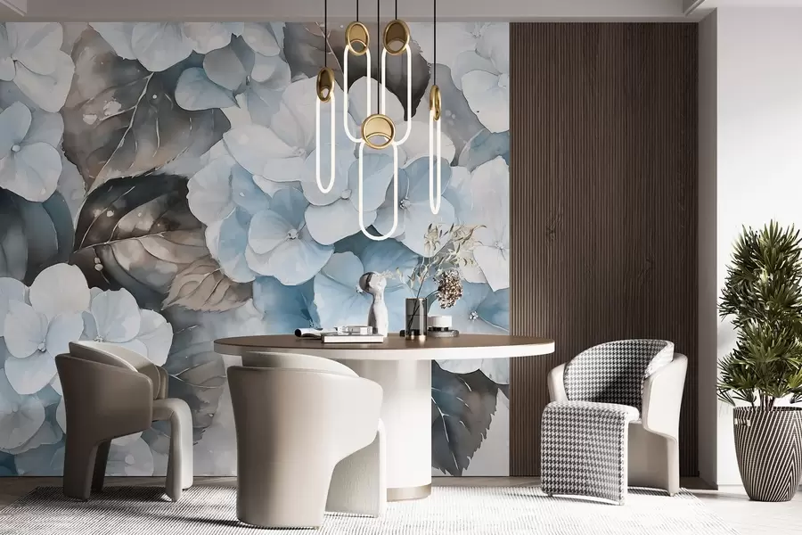 Fototapeta Kwiaty hortensji, rysunek w stylu akwareli, niebieskie kolory, kwiatowy w02488v1