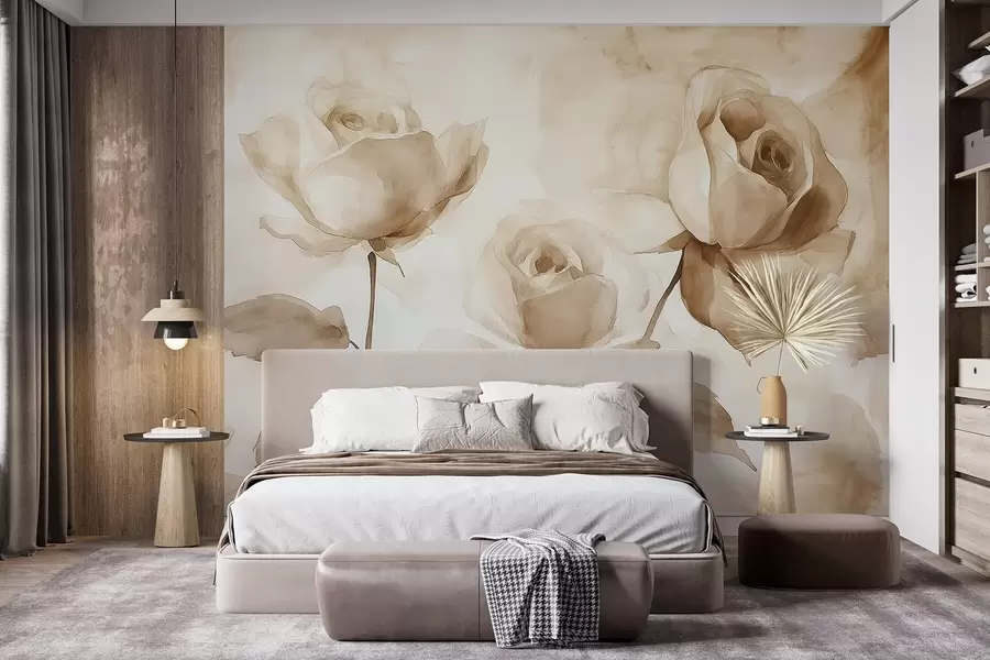 Fototapeta Beżowe róże, kwiaty, miękki akwarelowy rysunek, rustykalny, bohema w02490