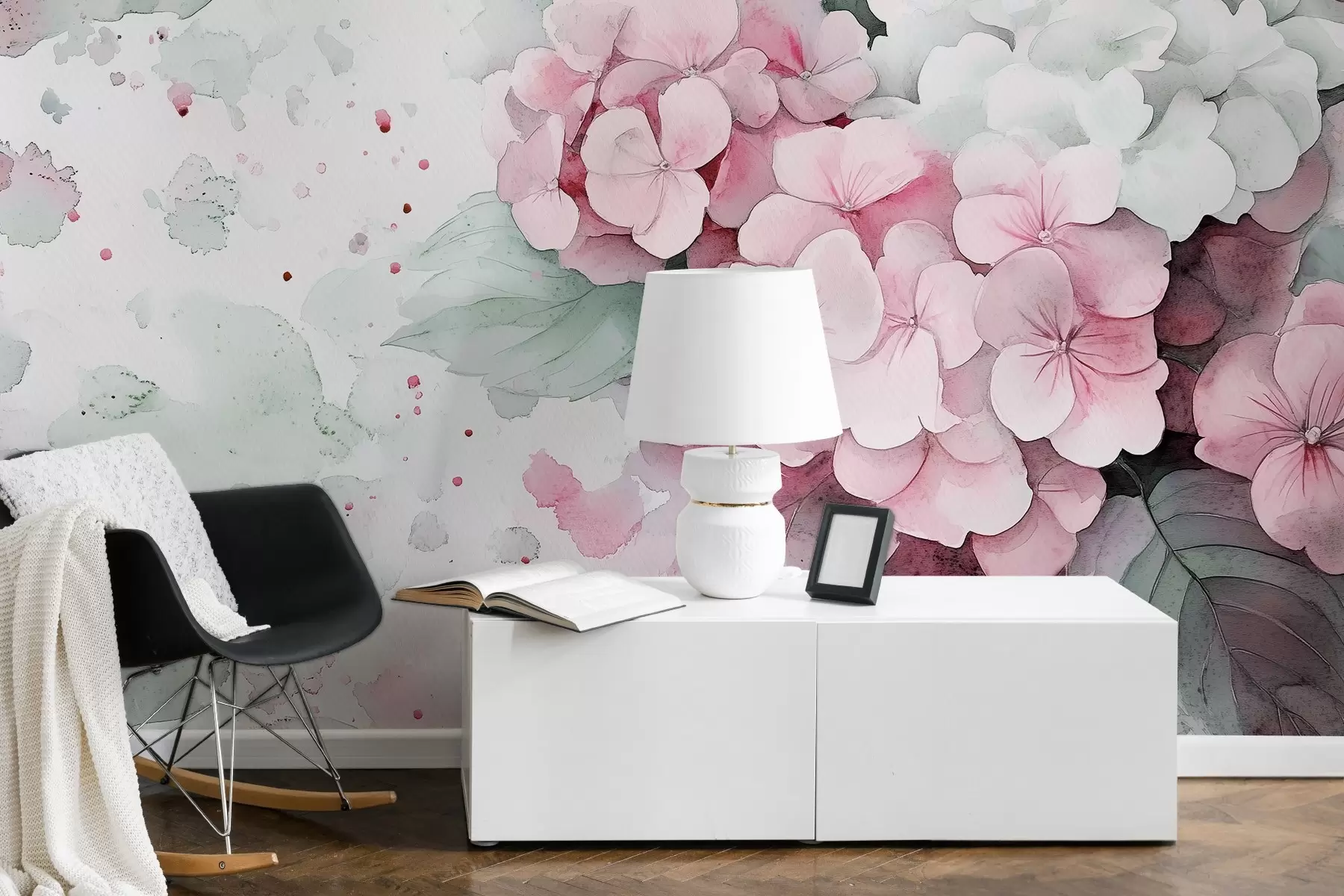 Fototapeta Akwarelowy rysunek kwiatów hortensji z liśćmi, delikatny róż i zieleń w02493v1