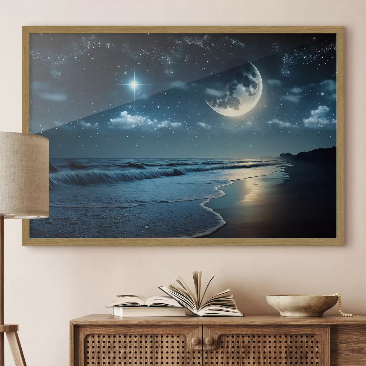 Plakat Ogromny księżyc nad nocnym morzem f31111