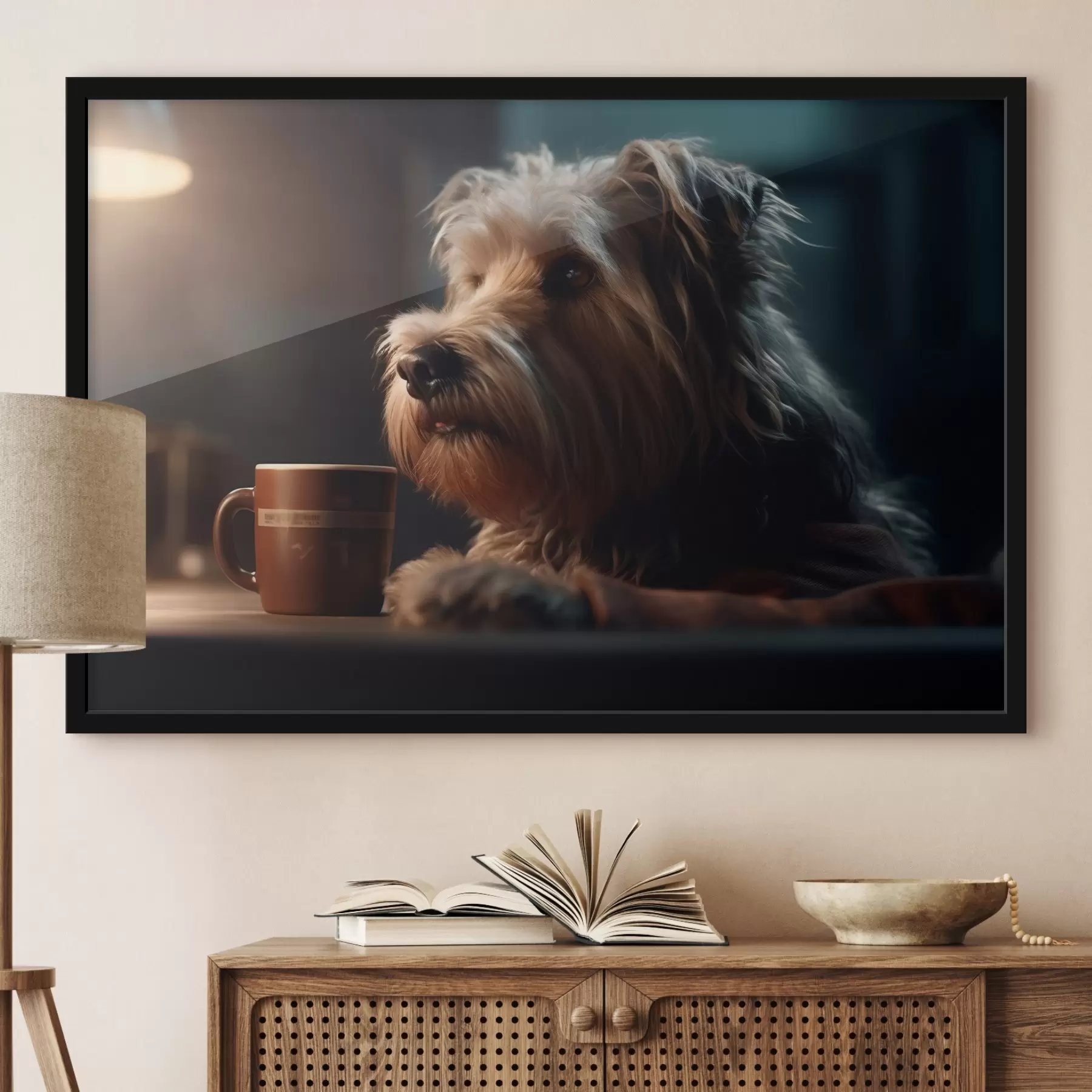 Fototapeta Filiżanka herbaty i pies f32153 kup w Polsce - Uwalls.pl Fototapeta Filiżanka herbaty i pies f32153