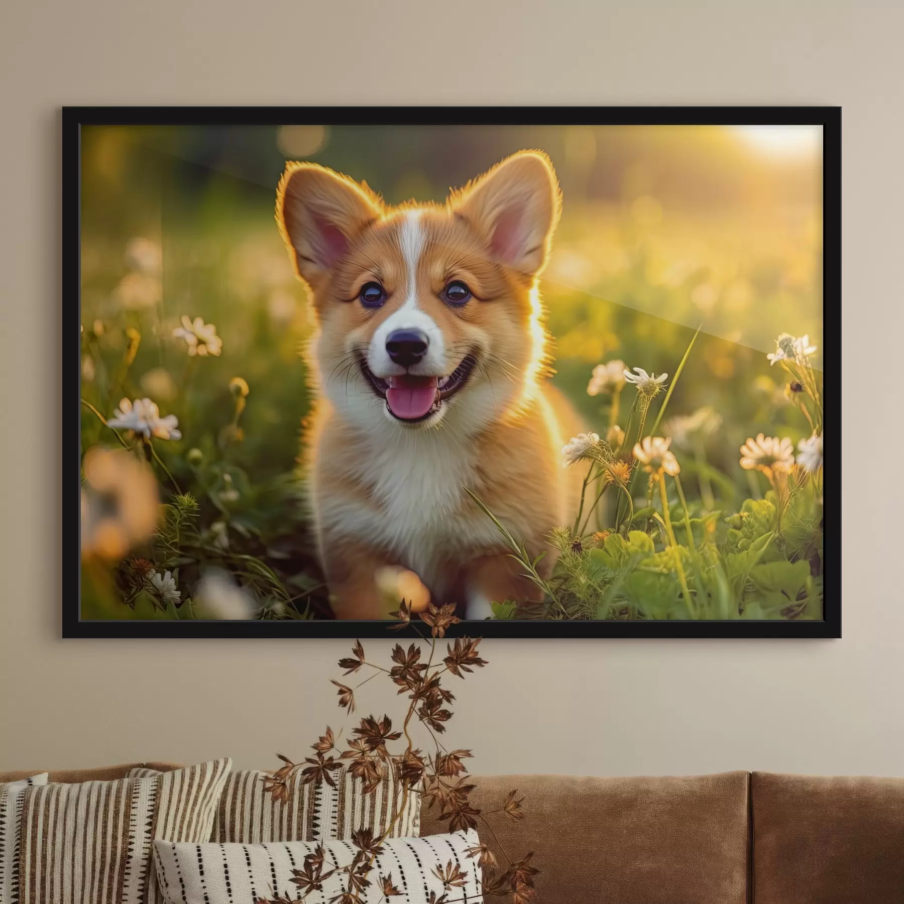 Fototapeta Szczeniak Corgi w dzikich kwiatach f33532