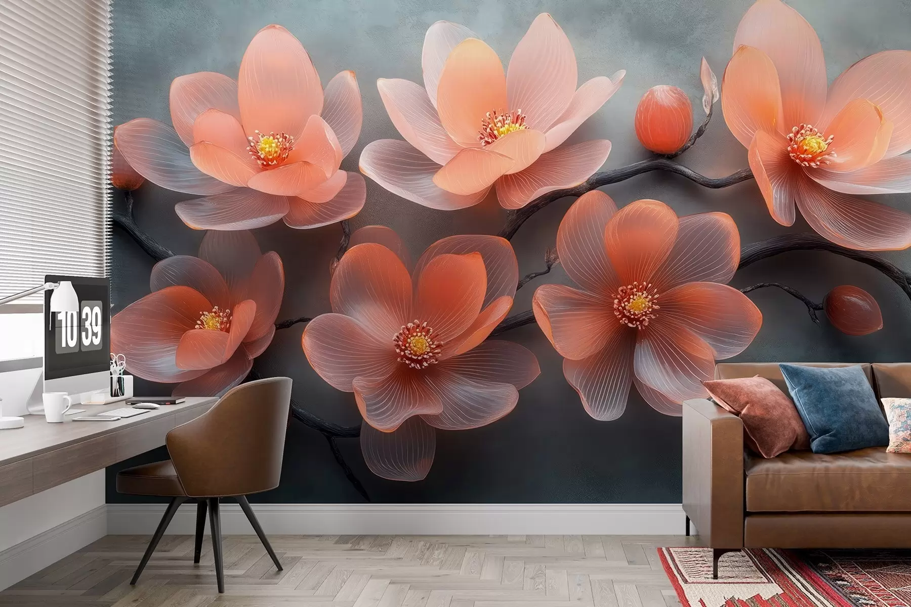 Fototapeta Bukiet przezroczystych szklanych kwiatów magnolii na szarym betonowym tle w08497