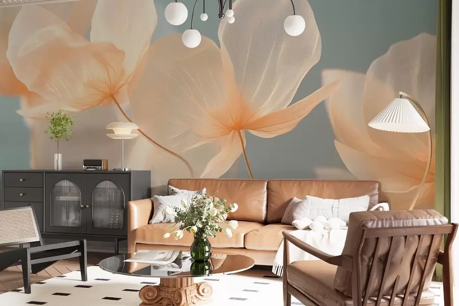 Fototapeta Płatki lotosu, delikatna kompozycja z niebieskim tłem w08500