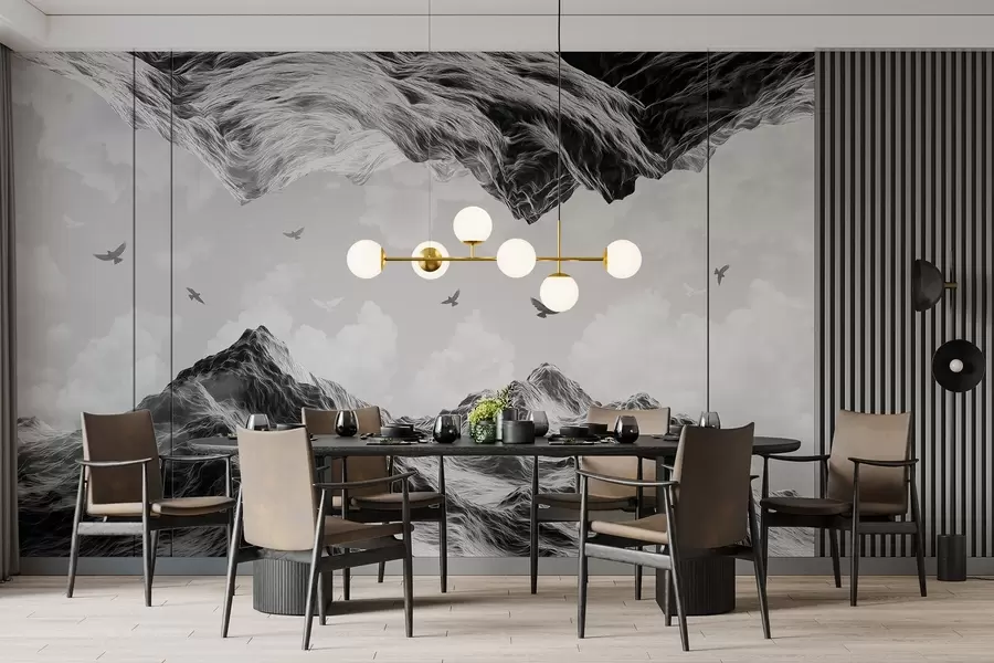 Fototapeta Góry krajobraz, realizm, latające ptaki, natura, chmury, czarno-białe kolory w02514