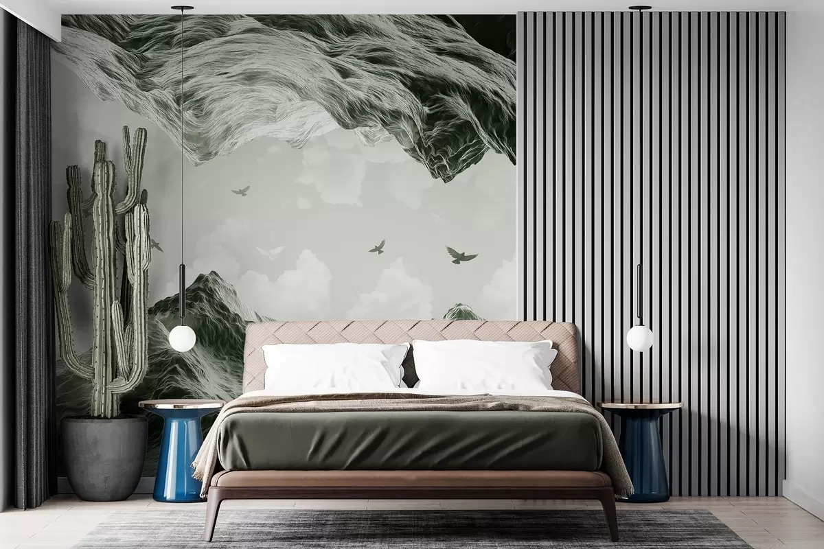 Fototapeta Góry krajobraz, realizm, latające ptaki, natura, chmury, zielone kolory w02514v3