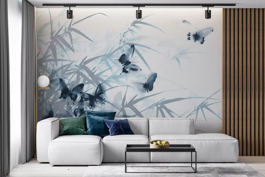 Fototapeta Teksturowane liście i łodygi bambusa z latającymi niebieskimi motylami z przezroczystymi skrzydłami w08524