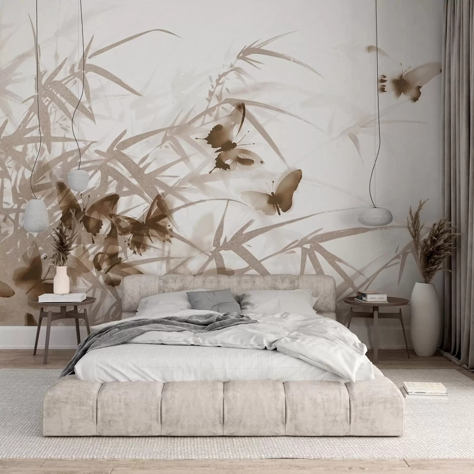 Fototapeta Teksturowane liście i łodygi bambusa z latającymi brązowymi motylami z przezroczystymi skrzydłami w08524v1