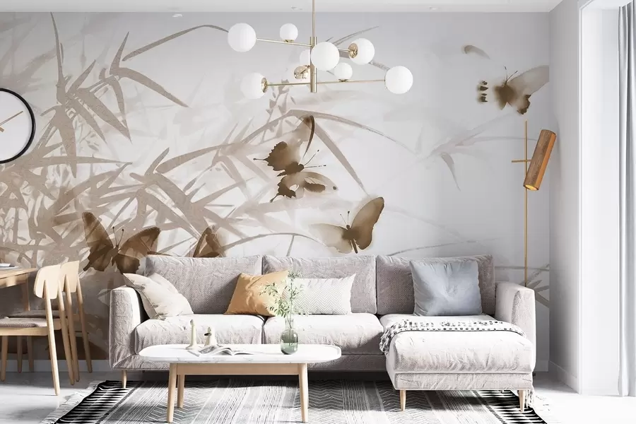 Fototapeta Teksturowane liście i łodygi bambusa z latającymi brązowymi motylami z przezroczystymi skrzydłami w08524v1