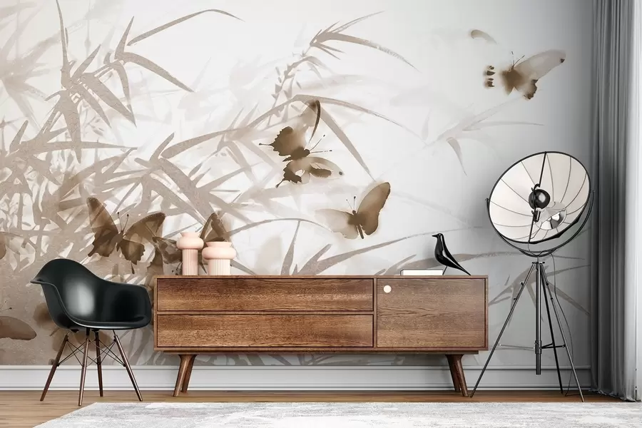 Fototapeta Teksturowane liście i łodygi bambusa z latającymi brązowymi motylami z przezroczystymi skrzydłami w08524v1