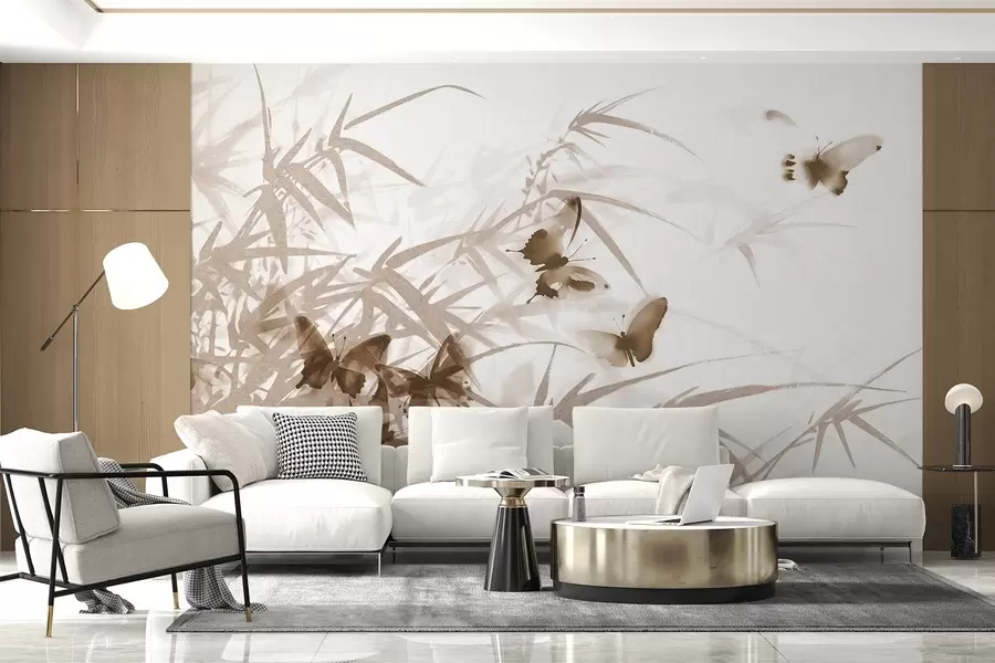 Fototapeta Teksturowane liście i łodygi bambusa z latającymi brązowymi motylami z przezroczystymi skrzydłami w08524v1