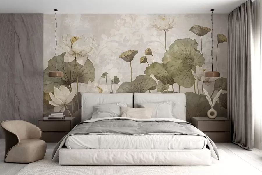 Fototapeta Pole białych kwiatów lotosu z dużymi zielonymi liśćmi na miękkim, zamglonym, teksturowanym beżowym tle w08527