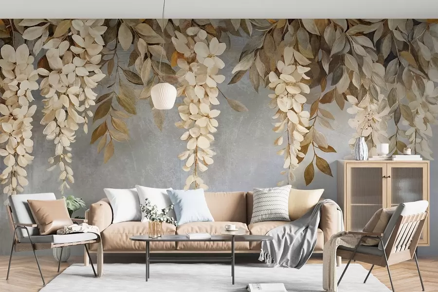 Fototapeta Delikatne białe i jasnobeżowe kwiaty glicynii z liśćmi spływającymi kaskadowo w dół na miękkim szarym tle w08531