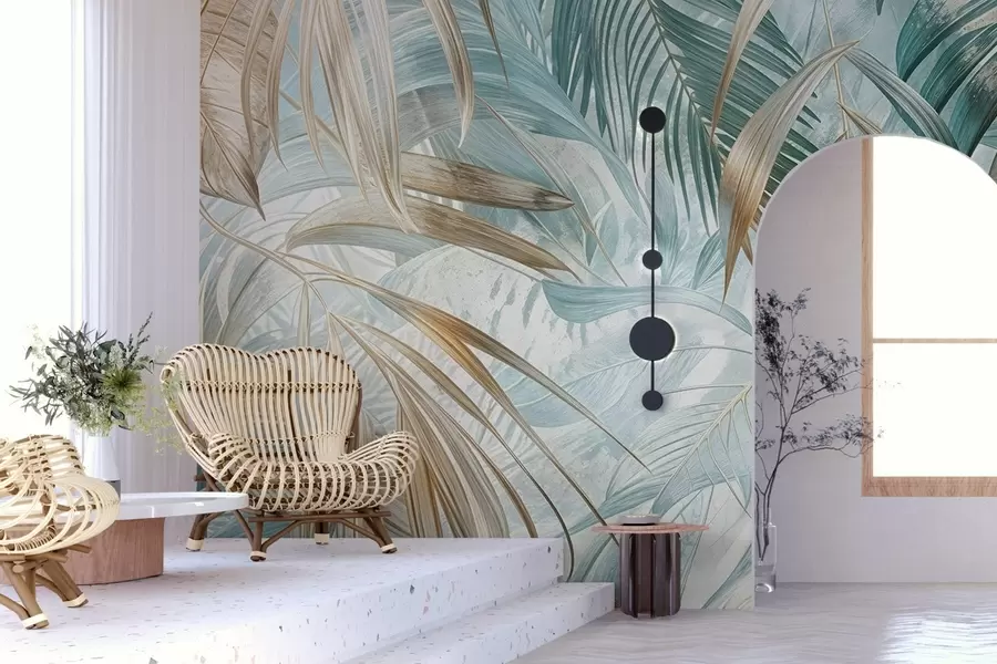 Fototapeta Tropikalny abstrakcyjny kwiatowy nadruk z dużymi liśćmi palmowymi w odcieniach niebieskiego i beżu tworzy bujną atmosferę w08532