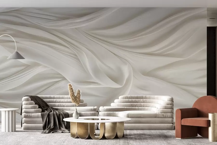 Fototapeta Nowoczesny nadruk imitujący gładką, lejącą się białą tkaninę z miękkimi, powiewającymi fałdami i zagnieceniami w08537