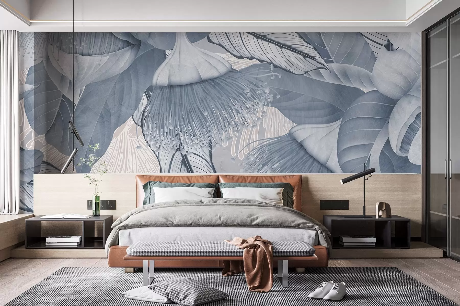 Fototapeta Botaniczna ilustracja dużych, niebieskich kwiatów eukaliptusa z długimi pręcikami na szaro-białym tle w08539v1