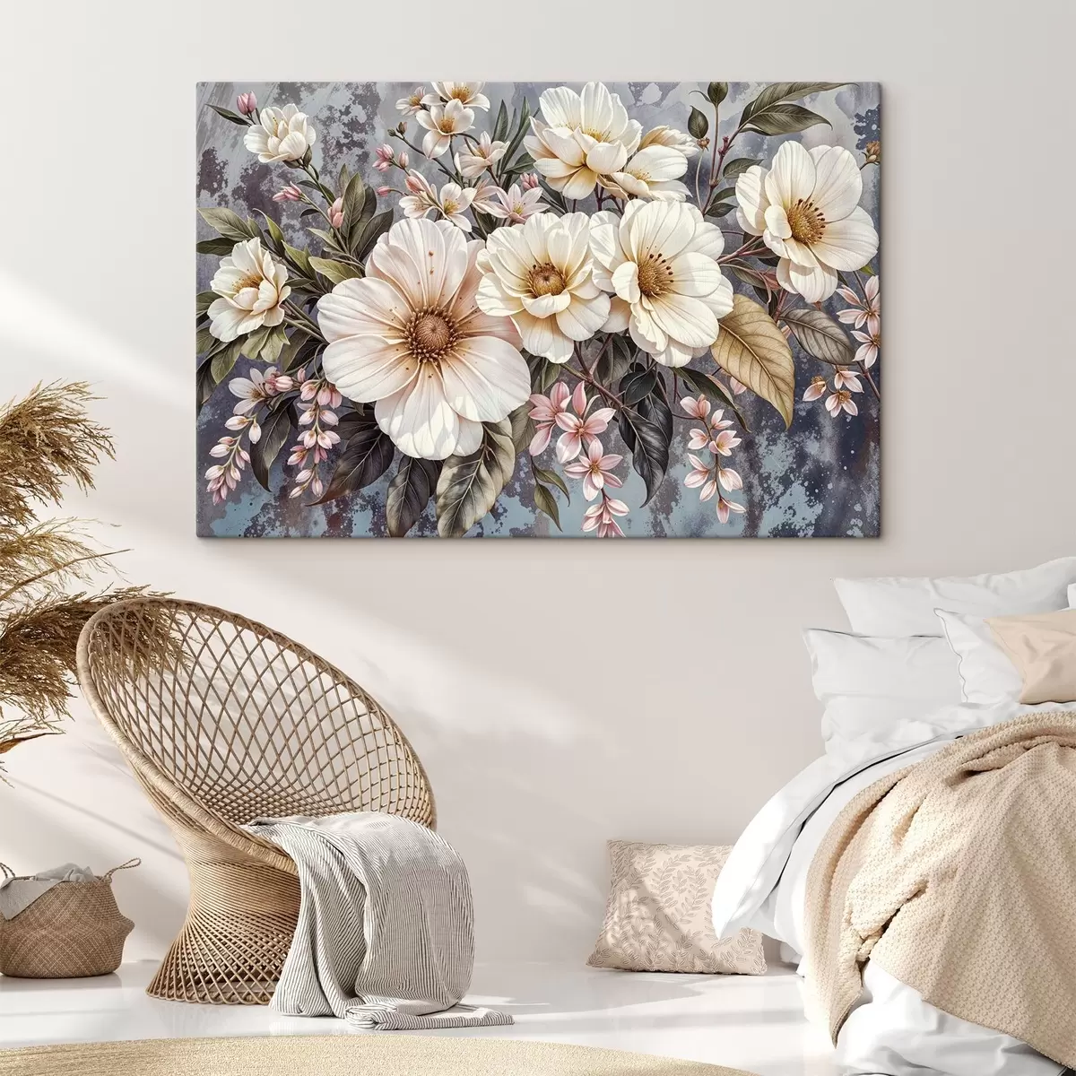 Obraz Tętniący życiem bukiet dużych, szczegółowych białych i różowych kwiatów dalii z zielonymi liśćmi na ciemnym tle s42227