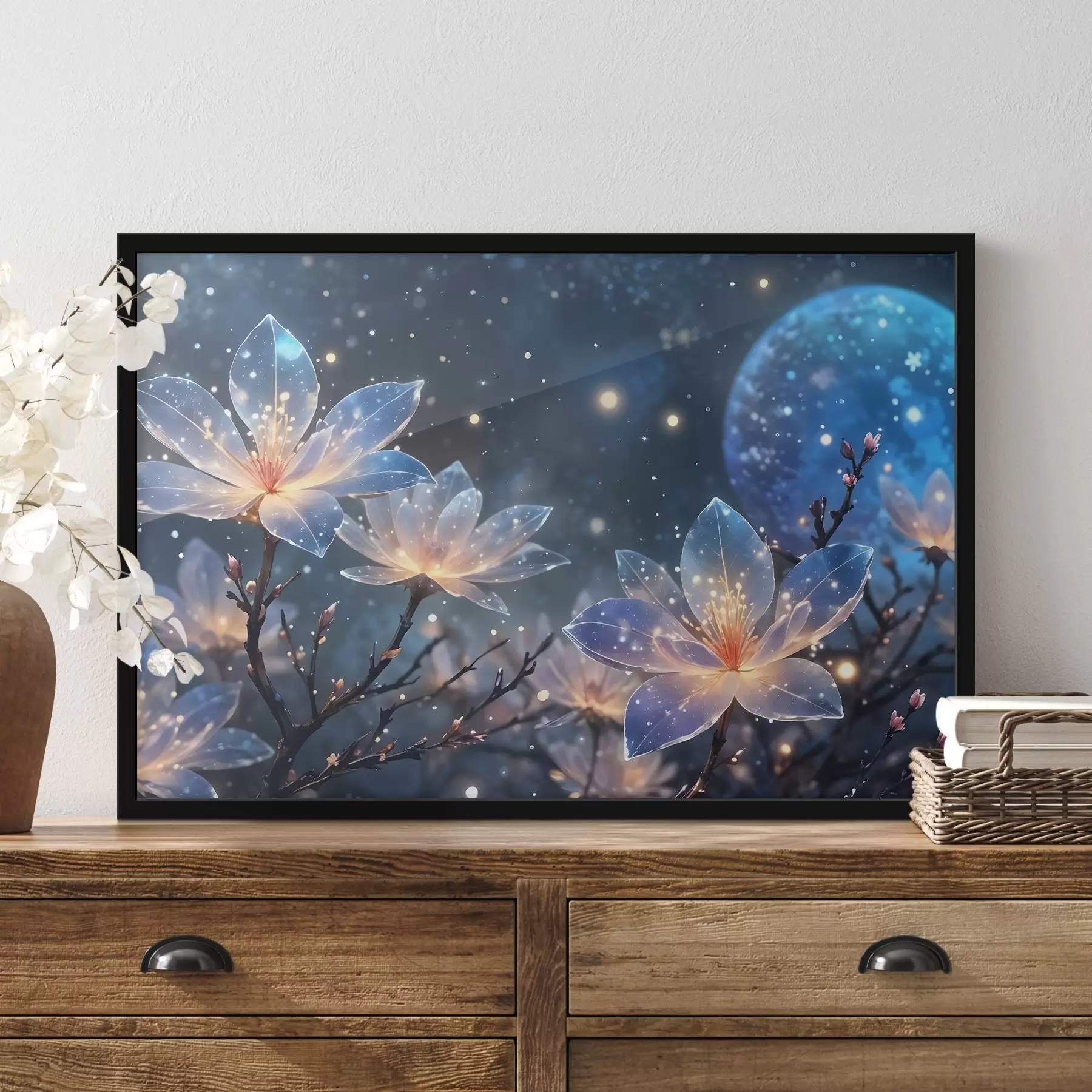 Fototapeta Abstrakcyjne kwiaty fantasy na gałęziach z teksturowanymi płatkami z gwiazdami i księżycem na tle nocnego nieba f42211
