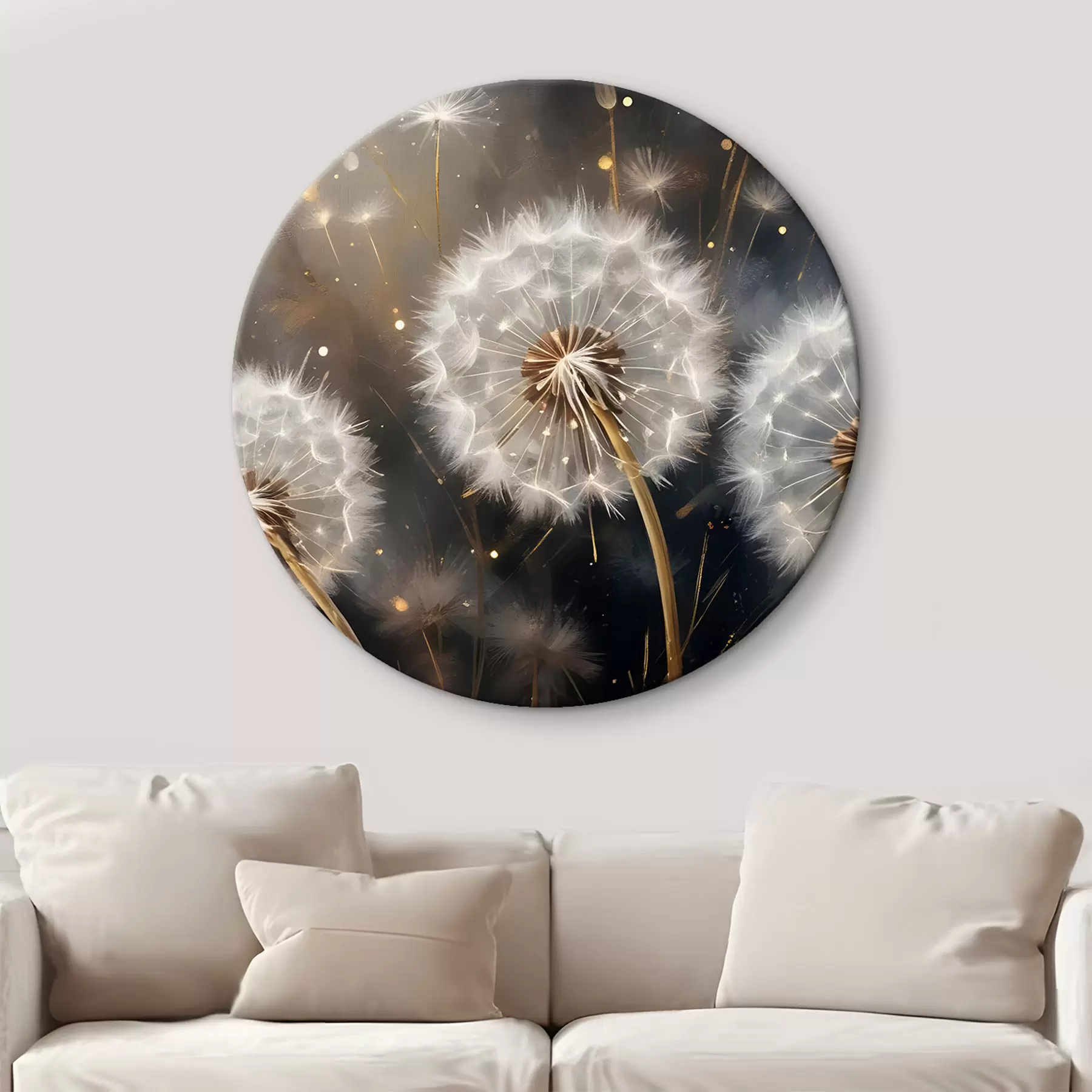 Obraz Kwiaty mniszka lekarskiego z puszystymi białymi główkami nasion na ciemnym tle tworzą magiczną atmosferę r42235